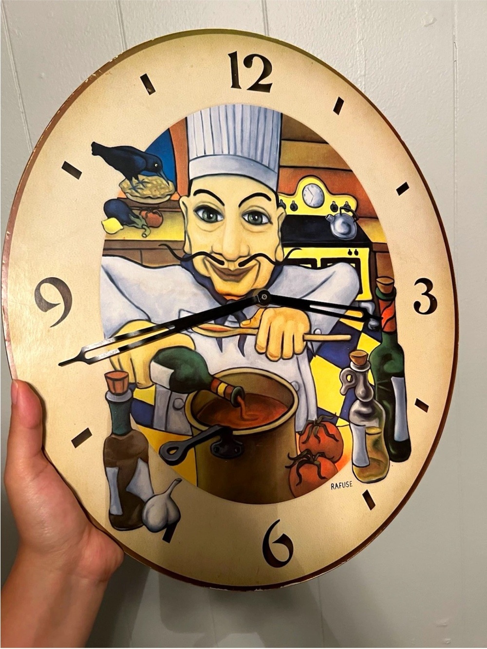 Vintage Rafuse Chef Kitchen Wall Clock Cooking Italian Art 12in x 15.5in